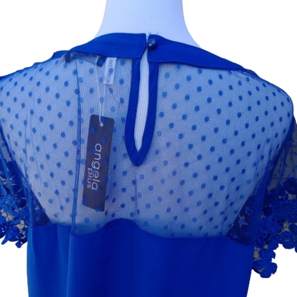 Angela Plus Blue Blouse Illusion Neckline Lace Polka-Dots NWT - Picture 8 of 9